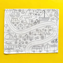 Load image into Gallery viewer, Colour Me Kids - Wheels in Motion - Washable, Reusable Colouring-In Solo Mats - PREORDER DUE MID NOVEMBER