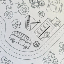 Load image into Gallery viewer, Colour Me Kids - Wheels in Motion - Washable, Reusable Colouring In Tablecloth Set - PREORDER DUE MID NOVEMBER
