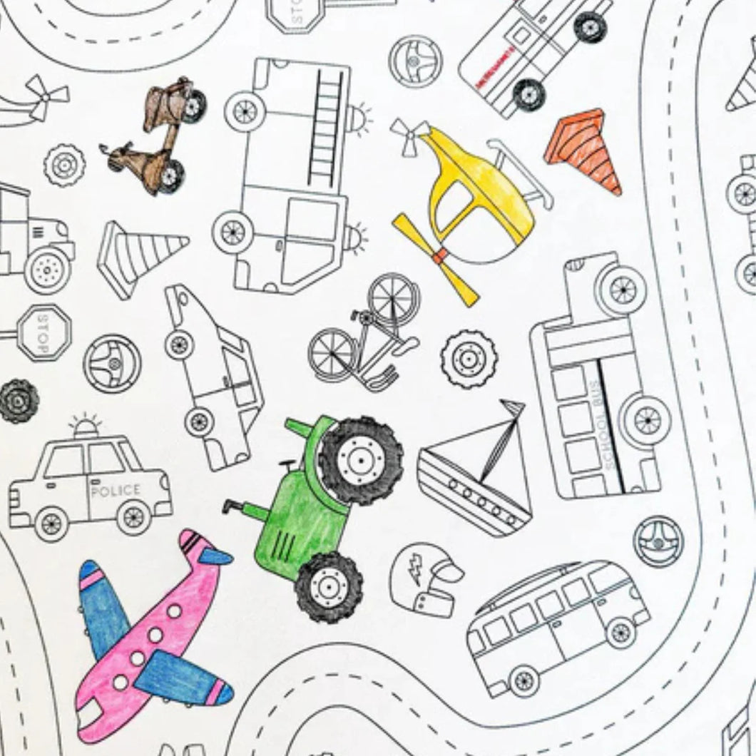 Colour Me Kids - Wheels in Motion - Washable, Reusable Colouring In Tablecloth Set - PREORDER DUE MID NOVEMBER