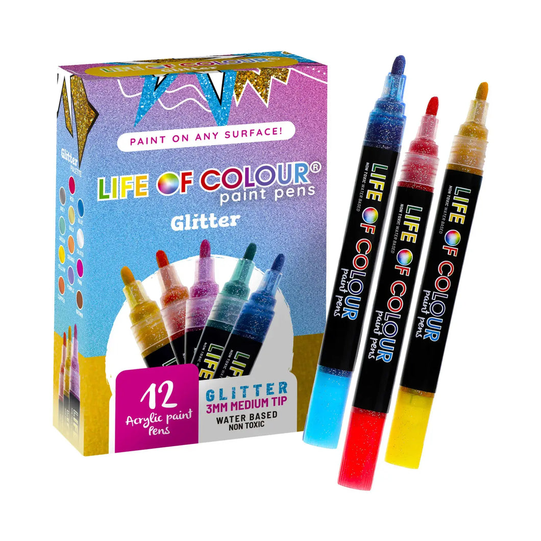 Life Of Colour - Glitter 3mm Medium Tip Acrylic Paint Pens - Set of 12