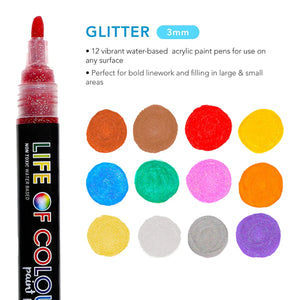 Life Of Colour - Glitter 3mm Medium Tip Acrylic Paint Pens - Set of 12
