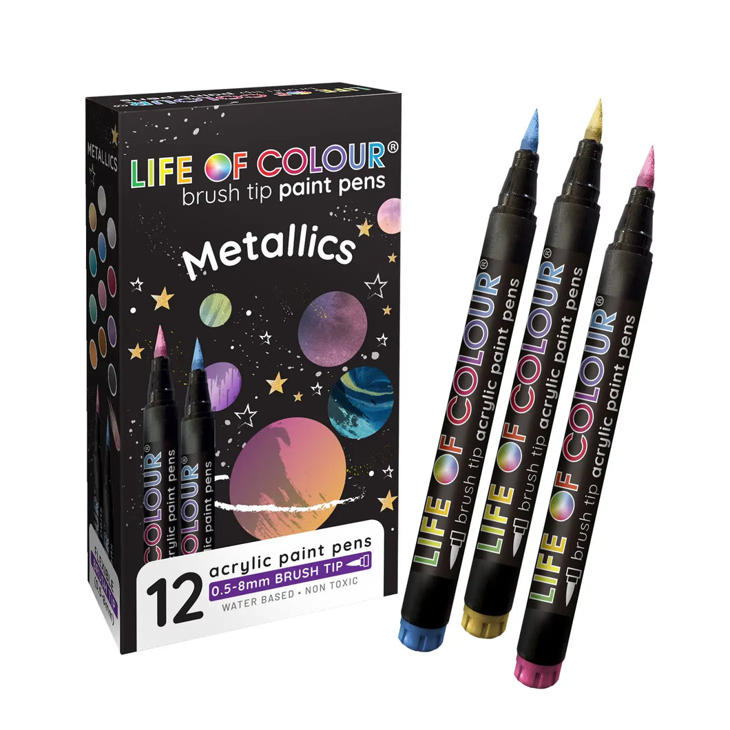 Life Of Colour - Metallic Brush Tip Acrylic Paint Pens - Set of 12