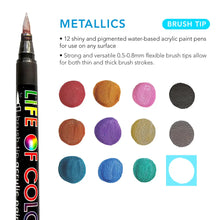 Load image into Gallery viewer, Life Of Colour - Metallic Brush Tip Acrylic Paint Pens - Set of 12
